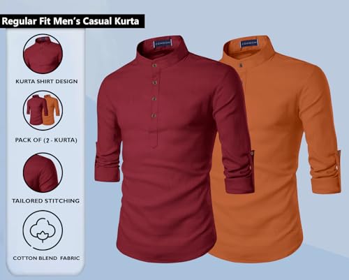 Image of Zombom Men's Combo Cotton Polyester Blend Solid Full Sleeve Straight Regular Fit Mandarin /Chinese Collor Kurta (Pack of 2)