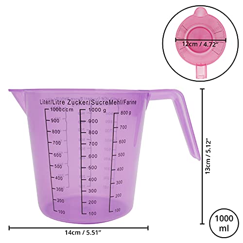 Kurtzy Helder Plastic Maatbeker (Set van 4) – 1 Liter / 1000 ml – BPA Vrij Stapelbare Kannen met Tuit, Grip Handvatten & Makkelijk te Lezen Maten – Keuken Maar Kan voor Voedsel, Koken & Bakken - Image 3