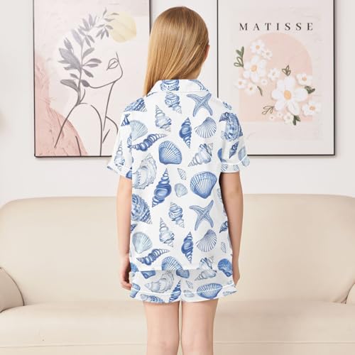 Blue White Seashells Summer Pajamas Set Silk PJS Set Satin Sleepwear Short Sleeve Button Down Nightwear 5-14Y4