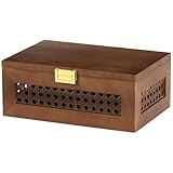 VinneGenzz Decorative Rattan Storage Boxes Solid Wood Woven Baskets Bins with Lid Keepsake Memory Jewelry Box Natural Boho Shelf Wicker Closet Desk Organizer Container (Walnut Color, Small Size)