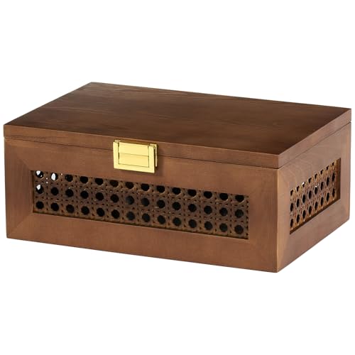 VinneGenzz Decorative Rattan Storage Boxes Solid Wood Woven Baskets Bins with Lid Keepsake Memory Jewelry Box Natural Boho Shelf Wicker Closet Desk Organizer Container (Walnut Color, Small Size)