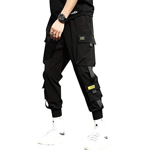 Tasty Life Pantalones Harem para Correr Pantalones De Hip Hop De Primavera para Hombres Pantalones Deportivos Multibolsillos Negros Monos Callejeros De Moda Casual (L, Black-b) Cover