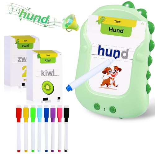 Sprechende Lernkarten Deutsch Lernen für Kinder 168 Blätter 336 Wörter, Kinderspielzeug ab 1-6 Jahre Alt, Montessori Autismus Spielzeug mit Whiteboard Stifte Abwischbar 7, Geschenke für Mädchen Junge