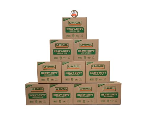 11-Piece U-Haul Medium Heavy-Duty Double Wall Moving & Shipping Boxes - Pack of 10 Boxes with Handles - 18-1/8” x 18” x 16” (L x W x H) - 1 Bonus Roll of Tape