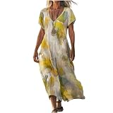Vestido Largo Mujer de Verano Casual, Vestidos Maxi de Algodón y Lino Manga Corta Cuello en V, Vestidos Boho Chic Elegante Largos Transpirable Tallas Grandes para Playa Vacaciones 2026 (35,XXL)
