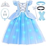 G.C 11PCS Light Up Cinderella Costume Dress for Girls Toddlers Princess Dress Up Clothes with Crown Wand Earrings Necklace Gloves Toys Accessories Halloween Cosplay Outfit for Little Girls Kids 3-4