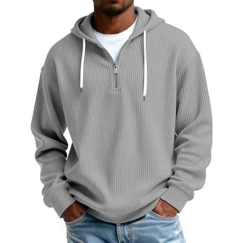 Sudadera con capucha para hombre, cómoda sudadera de punto grueso, corte holgado, camiseta de manga larga, media cremallera, jersey de entretiempo, camiseta informal y moderna, gris, 3XL