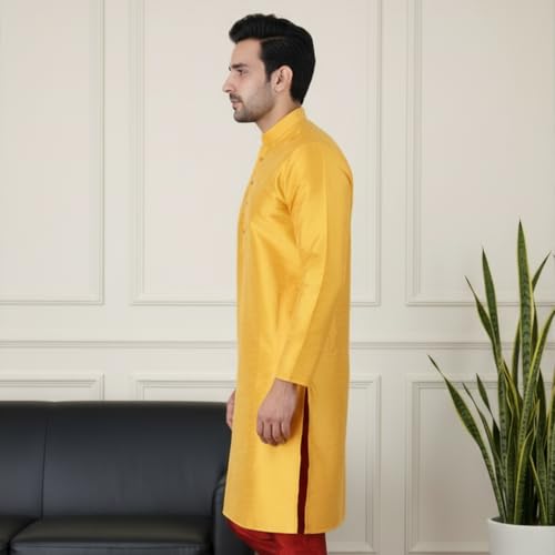 Image of Sadree Men's Silk Blend, Knee Length, Full Sleeve, Mandrin Collor, Solid Style, Attractive Colour, Solid Plain Kurtas