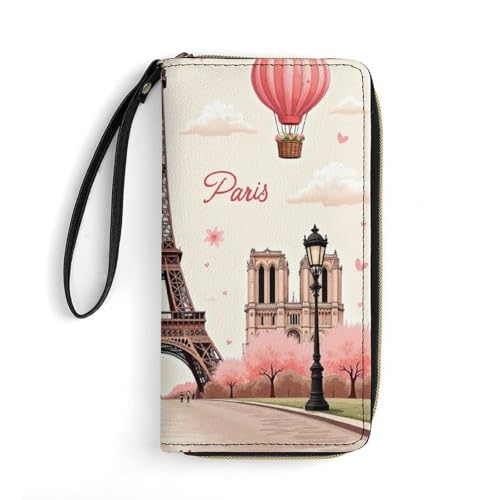 Waterproof Wallet for Women, PU Leather Long Clutch Travel Purse Pink Paris Eiffel Tower Large Capacity ID Card Holder with Zipper