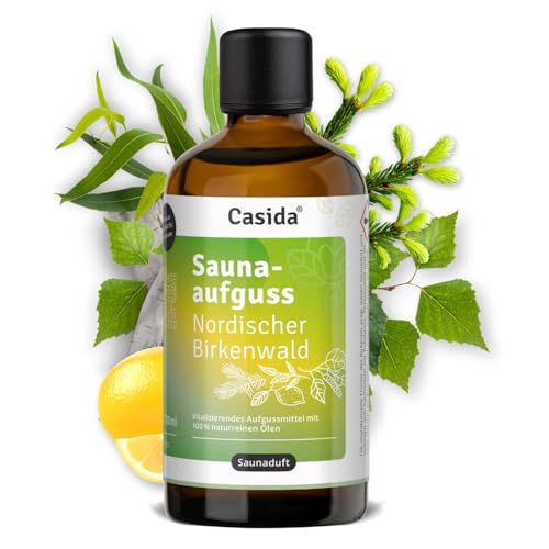 Casida Infusión de sauna de bosque nórdico de abedul – infusión para sauna con aceites esenciales 100% naturales – con abedul, eucalipto, aguja de abeto, limón – sin fragancias sintéticas – 100 ml