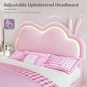 Jocisland LED Full Bed Frame for Girls Upholstered Floating Bed with Cute Cloud Headboard, No Box Spring Needed, Leather, Pink Jocisland LED Full Bed Frame for Girls Upholstered Floating Bed with Cute Cloud Headboard No Box Spring Needed Leather Pink