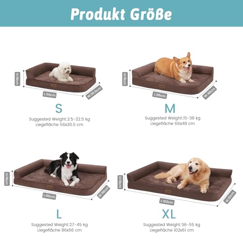 COZY KISS Orthopädisches Hundebett, 19cm Dicke Hundesofa für Mittelgroße Hunde, Grosse Hunde, Abnehmbar und Waschbar Hundecouch, rutschfeste Unterseite, Wasserdichtes Innenfutter, Braun,107x76x19cm