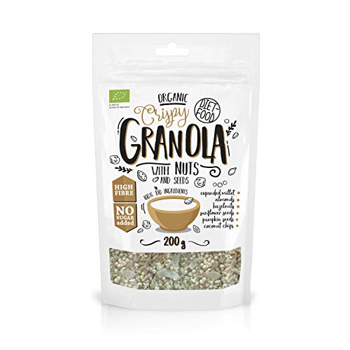 DIET-FOOD Nuts Granola Bio Knuspermüsli mit Nüssen und Samen Ballaststoffreiches Glutenfreies Granola Frühstück Müsli Low Carb Non-GMO Snack ohne Zuckerzusatz 200g 1er Pack