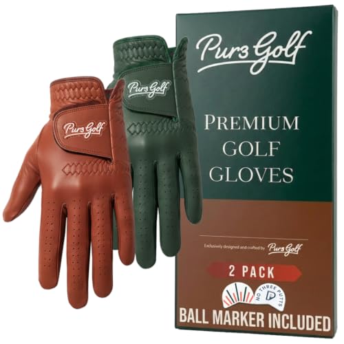 PUR3 Cabretta Leather Golf Gloves Men | 2 Pack Heritage (Green and Brown) Collection | Mens Golf Glove Right Hand Size Medium