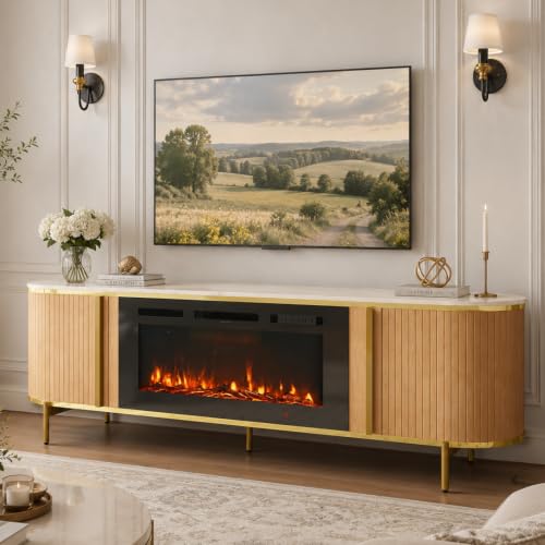 Nordivale Luxury Fluted TV Stand with Fireplace, 70 inch, Oak