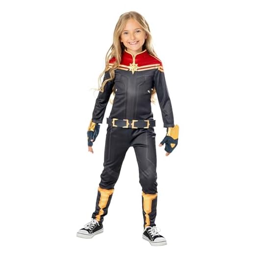 Rubies Disfraz Capitana Marvel Deluxe para niñas y niños, Jumpsuit con insignia plateada y guanteletes, The Marvels Licencia Oficial para Carnaval, cumpleaños, fiestas