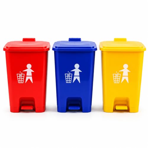 Image of Biomedical Waste Pedal Dustbin Set of 3 (10 LTR Each) | Color-Multi Color Coded Bins | Foot Operated | With Free Check Duster Cloth