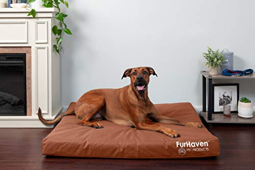 Image of Furhaven Water-Resistant Orthopedic Dog Bed for Large Dogs w / Removable Washable Cover, For Dogs Up to 95 lbs - Indoor /Outdoor Logo Print Oxford Polycanvas Mattress - Chestnut, Jumbo /XL