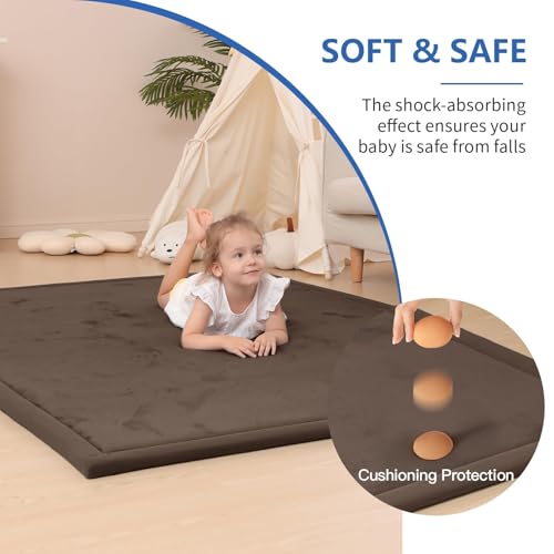 Image of Baby Play Mat for Floor,1.3 inch Thick Elasti-Foam 74x50 Playpen Mat for Toddlers Infant kids,Water-Repellent Soft Coral Velvet for Tummy Time, Non-Slip Backing for Crawling,Tatami Style(Dark Brown)