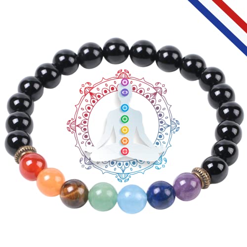 Bracelet 7 Chakras Pierres Véritables en ONYX NOIR + Ebook Offert (PDF) - Femme Homme Pierre Naturelle - Bracelet Perle Cover