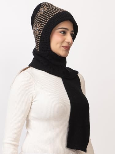 Image of AMOLDO Women's Winter Woolen Soft Warm Knitted Designer Muffler Beanie Cap with Fur | Fleece Printed Woolen Hat with Attached Scarf for Cold Weather
