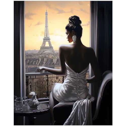 DIY 5D Full Drill American Native Sexy African Woman & Eiffel Tower Square Diamond Art Painting by Number Kits for Adults Crystal Rhinestone Cross Stitch for Wall Decoration Gift 30x40CM/12x16IN