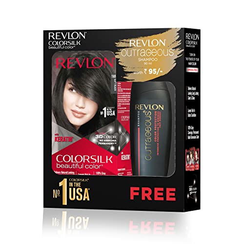 REVLON ColorSilk Hair Color with Keratin – 1WN Soft Black – (with Outrageous Shampoo 90 ml), (3S10978F36721311)