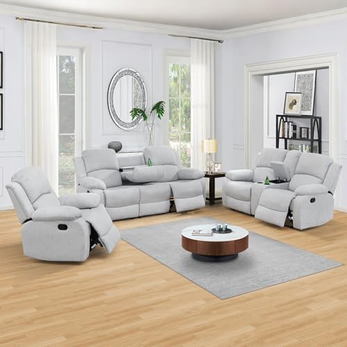 SIENWIEY Grey Linen Microfiber Reclining Sofa Set, 3 Pcs (Sofa+Loveseat+Chair), Wood Frame, Bonded Leather/Microfiber/Corduroy, 82x40x40 inches, 480 pounds Capacity, Living Room