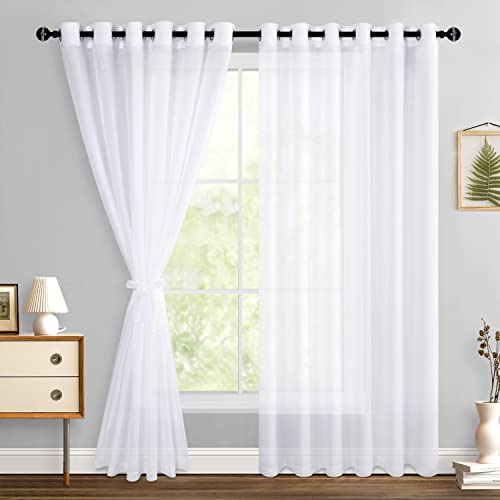 Hiasan White Sheer Curtains for Bedroom with Tiebacks, Grommet Light Filtering Extra Wide Voile...