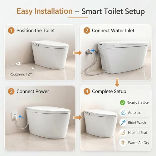 Smart Toilet with Bidet, Foot Sensor Activation, Heated Seat, Warm Water, Feminine Wash, Manual flip cover, Water Container for Low Pressure, White Cover with Black LED Light miniatura 7