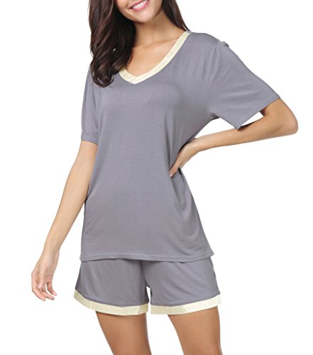Invug Women Nightwear Short Sleeve Shirt and Shorts Pajama Set V Neck Sleepwear Grey XXL - Thumbnail 3