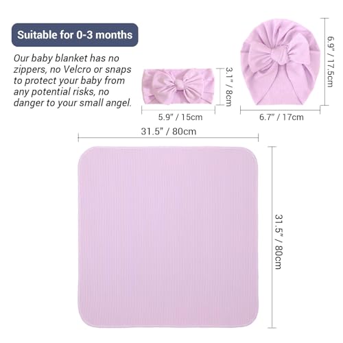 Image of DRESHOW BQUBO Baby Girl Newborn Receiving Blankets with Bow Hat Headband Wooden Birth Announcement Card Set Newborn Baby Swaddle Wrap Set Warm Shower Gift