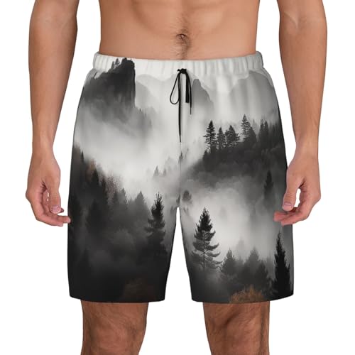 Men's Swim Trunks Quick Dry Board Shorts Foggy Mountains Forest Beach Shorts with Pocket Bathing Suits for Men
