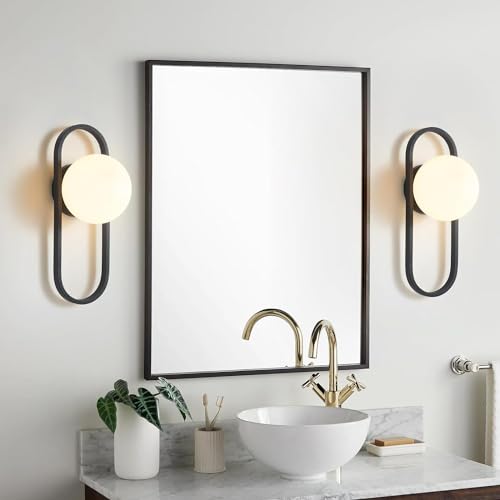 Image of Bektas Matte Black Wall Sconces Set of 2 with White Globe Glass Shade - Living Room & Bedroom Wall Lights ETL Listed