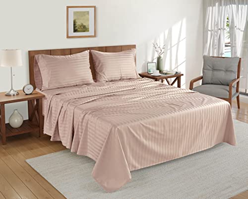 Lane Linen 1000 Thread Count Striped Sheets Set - 100% Egyptian Cotton 4 Piece Bed For King Size Bedding & Pillowcases 16" Deep Pocket (Fits Upto 17" Mattress) Sepia Rose #TOP1