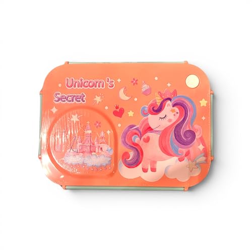 Image of Soreign Stainless Steel Kids Lunch Box (3 Compartments) | SUS 304 Food Grade Steel | Leakproof Tiffin with Spoon & Chopsticks | Bento Lunch Box for School, Office (750ml + 150ml) (Unico'S Secret)