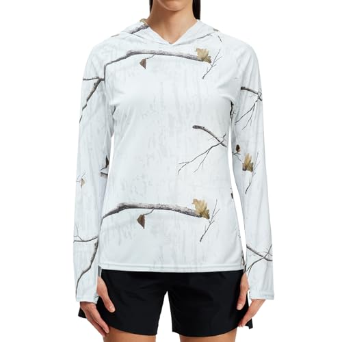 LOOGU Women's UPF 50+ Sun Protection Hoodies Shirts Regular Fit Long Sleeve Lightweight Quick Dry Fishing Hking Outdoor White/Ents Snow 2XL