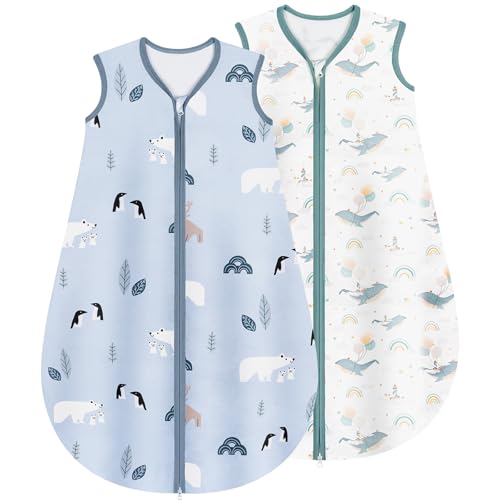 Yukkidds Gigoteuse Été Bébé 0.5 TOG 0-6 Mois, Lot de 2 Turbulettes 100% Coton, Légères et Respirantes, sans manches, Confort Doux et Sécurisé, Unisexe Fille Garçon Dauphin Bleu