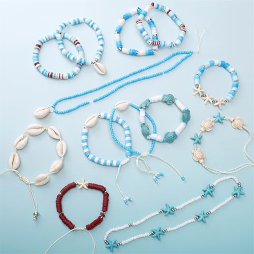 Image of SANNIDHI Clay Beads for Bracelet Making, 2400Pcs Ocean Style Jewelry Making Polymer Beads Set for Kids Women Bracelet Anklet DIY, with Turtle Shells Starfish Charms