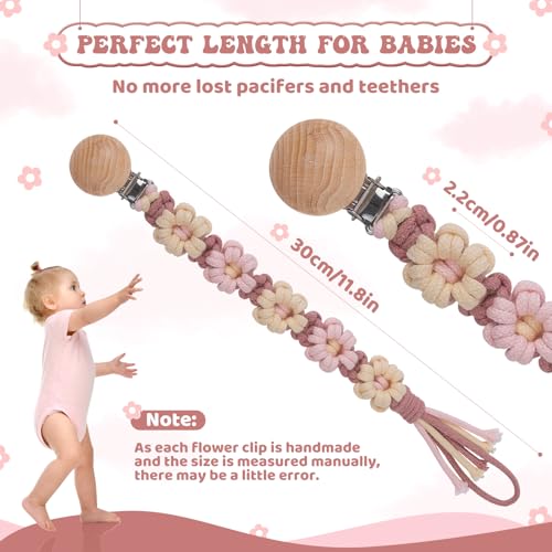 Image of Pacifier Clip for Boys Girls Floral Daisy Macrame Baby Paci Clip Pacifier Holder Leash Boho Wooden Clips Handmade Braided Cotton Binky Clips (1pack:Caramel Style B)