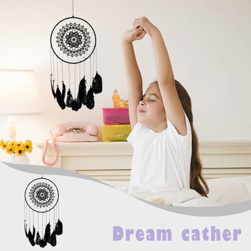 Auptiz Handgefertigt Feder Traumfänger für Schlafzimmer, Handgefertigt Spitze Böhmischen Stil Traumfänger, Dreamcatcher Traumfänger für Kinderzimmer Hochzeit Wandbehang Heimdekoration (Schwarz)