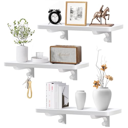 omedecal Mensole da Muro Design, 40cm Mensola da Parete per Cucina Bagno Soggiorno Studio Invisibile Montaggio a Parete Legno di Pino Massello, Set di 3, 40 x 15 x 1,5 cm - Bianco