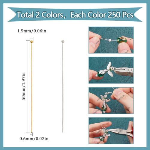 SUNNYCLUE 1 Box 500Pcs 50mm Ball Head Pins Gold Earring Pins Silver Brass Small Round Ball Headpin Long Earring Findings Pins for jewellery Making Earring Charm Bracelet Accessories Supplies DIY Craft - Image 2