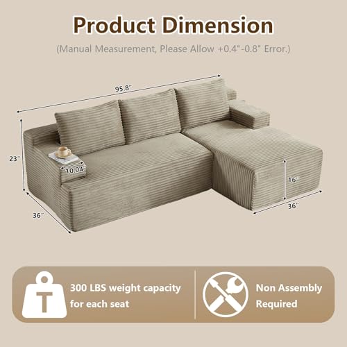 Image of 96.1 inch Modular Sectional Sofa Couches L-Shape Couch 3 Seat Modular Sofa Corduroy Memory Foam Sectional Boneless Couches for Living Room, Cloud Couch with Oversized Chaise(Camel, Right Facing)