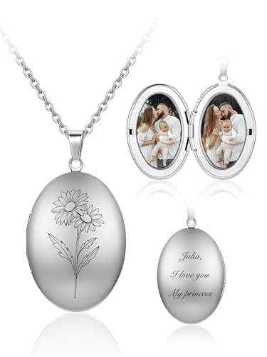 Custom Photo Locket Necklace Women Personalized Text Birth Flower Necklace that Hold Picture Stainless Steel Memorial Jewelry for Mothers Day Christmas