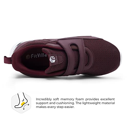 Fitville Cushioned Walking Shoes For Women Wide Memory Foam Lightweight Tennis Shoes Sneakers For Women-Hook And Loop Closure(Burgundy, 9 Wide) #TOP3