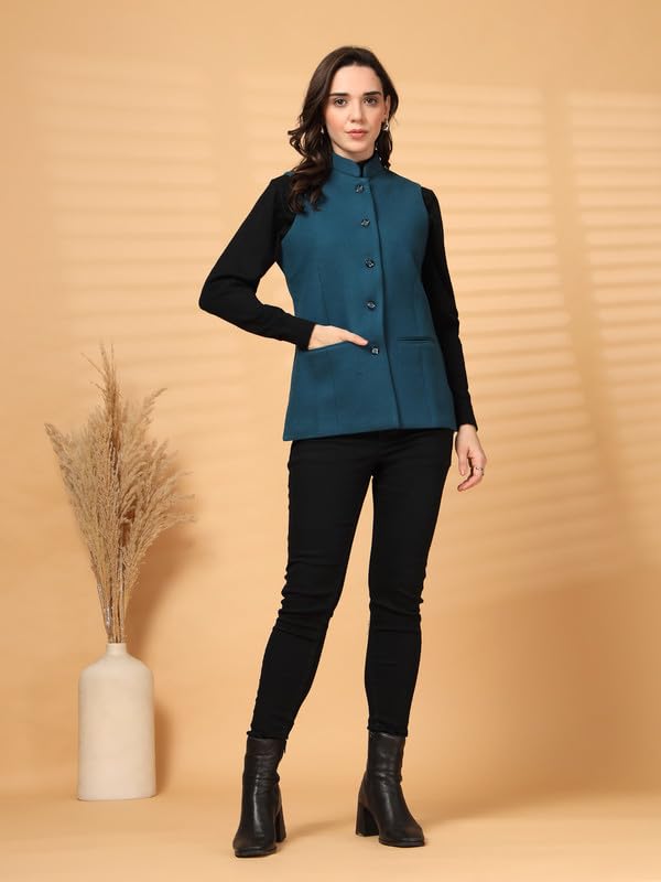 Image of Vastraa Fusion Solid Indian Traditional Ethnic Waistcoat Festive Woolen Nehru Jacket for Women