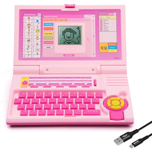 Image of Gooyo GY-1114 Plug & Play Educational Laptop Toy with 20 Learning & Playing Activities | Pink | Dual Power Supply | USB Cable (Included) & 3xAA Battery (Not Included) | Gift Box Packaging