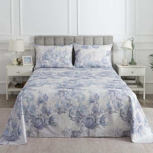 Image of Shabby Blue Floral Chic Percale Sheets King Size, 100% Cotton White Flower Deep Pocket Sheet Set, Abstract Aesthetic Soft Toile Bed Sheets, Luxury Vintage Cottage Core Bedding Sets, 4Pcs