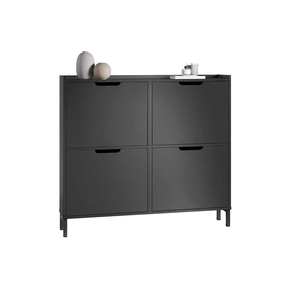 SoBuy Scarpiera Salvaspazio Slim Ingresso Mobile Portascarpe con 4 Ante a Ribalta Regolabili in Legno Armadio Scarpiera Alta e Stretta per Corridoio, 100x19x91 cm,​Nero, FSR100-​SCH